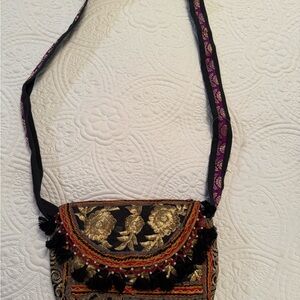 Raj Black and Gold Embroidered Crossbody Bag NEW